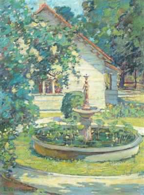 Ellsworth Woodward : IMPRESSIONIST SPRING VIEW OF A GARDEN POOL WITH WATER LILIES AND A CENTRAL FOUNTAIN WITH A STANDING FIGURE IN THE CENTER, NEXT TO A WHITE COTTAGE IN NEW ORLEANS