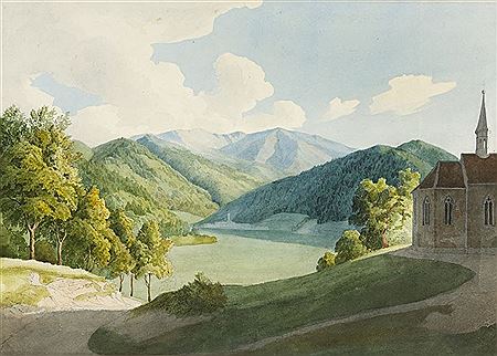 Friedrich Eisenlohr : Sommerliche Berglandschaft, rechts mit einer gotischen Kirche, im Hintergrund mit Dorfsilhouette.