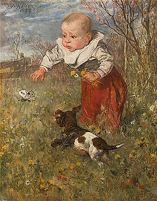 Wilhelm Von Diez : Kleinkind mit Hund in Landschaft (Fang den Schmetterling!).