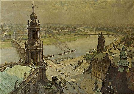 Fritz Beckert : Die Elbbrücken (Blick vom Hausmannsturm des Dresdener Schlosses in Richtung Dresden-Neustadt)