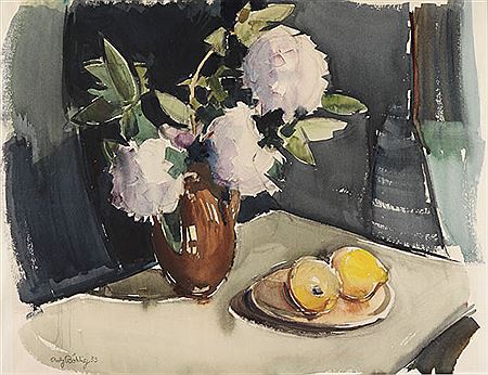 Rolf Bohlig : Stillleben mit Früchten und Bauernrosen. 1953