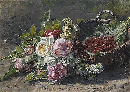 Anna Peters : Blumenstillleben mit Rosen und einem Weidenkorb mit Himbeeren, 1880.