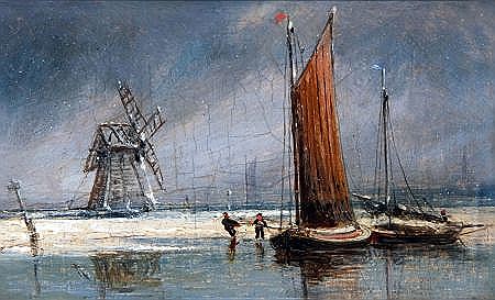 William Philip Barnes Freeman : Broads Scene in Winter with Wherries and Windmill