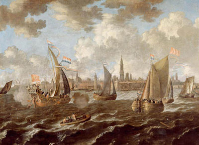 Pieter van den Velde : View of Antwerp with ships at sea