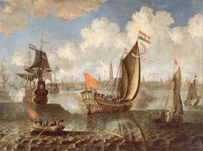 Pieter van den Velde : View of Rotterdam with ships at sea