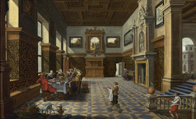 Bartholomeus Van Bassen : A festive company at table in a Renaissance hall