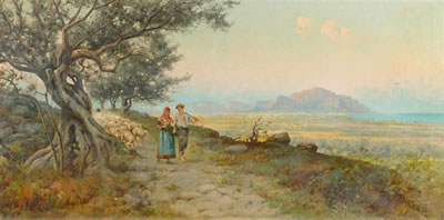 Erminio Kremp : Shepherd couple before a coastal landscape