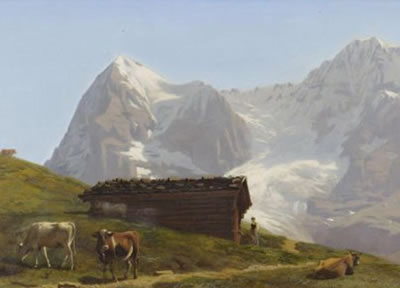 Albert Lugardon : Cows in a meadow before the Eiger and the Matterhorn