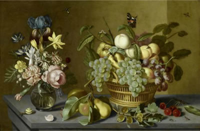 Ambrosius (AB) Younger Bosschaert II : Still life with fruits in a cane basket, a glass vase with flowers and small insects on a table top / Stilleben mit Früchten in einem Flechtkorb, einer Glasvase mit Blumen und kleinen Insekten auf einer Tischplatte