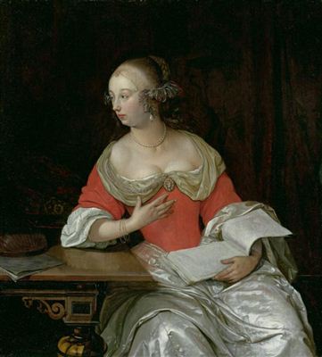 Eglon Van der Neer : Edle Dame an einem Tisch mit Laute und Notenblättern. Um 1667.