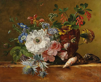 Elisabeth Johanna Koning : FLOWER STILL LIFE WITH THISTLE AND SHELLS