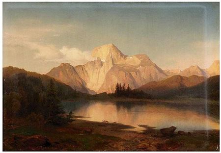 August Becker : Der Gosausee mit dem Dachstein in Tirol im Abendglühen