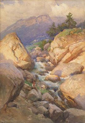 Achille Beltrame : Torrente di montagna 'Il Cordevole a Masarè d'Alleghe'