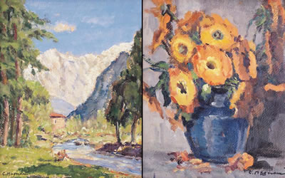 Clotilde Magnani : Pesaggio montano; Vaso di fiori