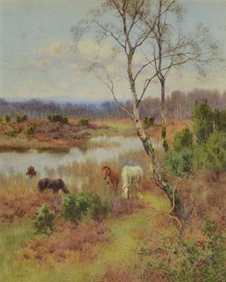 Mary S Hagarty : Horses grazing near a river