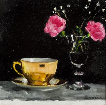 Gordon G Henderson : TEA CUP AND PINK CARNATIONS