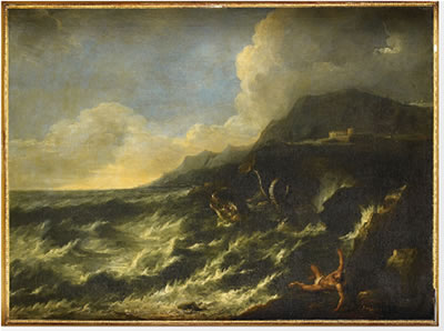 Antonio Francesco Peruzzini : Paysage de mer avec Jonas et la baleine AND Paysage de mer avec le Christ et un apôtre (a pair)