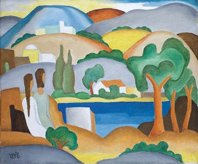 Samuel Schlesinger : Two figures sitting by Lake Kineret