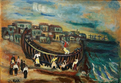 Israel Paldi : Sailors next to a ship in Jaffa