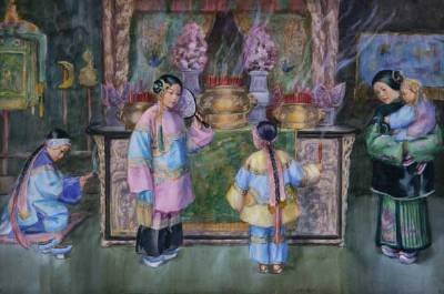 Esther Anna Hunt : Chinese figures in a temple interior