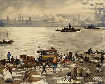 Lee Blair : Dockside with a view of New York, possibly Brooklyn docks looking north east at lower Manhattan