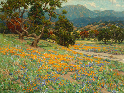 Granville Redmond : California landscape with oaks, poppies & lupine