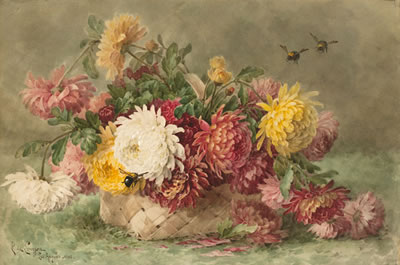 Paul De Longpre : Chrysanthemums in a Woven Basket with Three Bumblebees