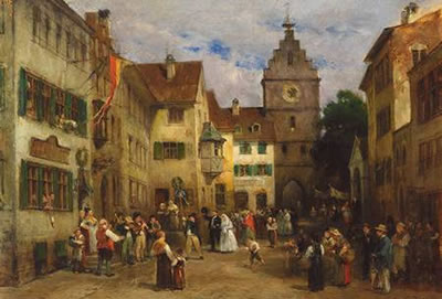 Ludwig von Hagn : Blick auf belebte Straße mit Hochzeitsgesellschaft vor Gasthaus und Torturm in einer oberschwäbischen Stadt (Ravensburg Obertor?).