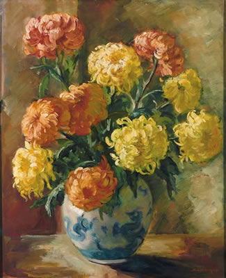 Marie Eberhard : Bunter Chrysanthemenstrauß in blau-weißer Vase