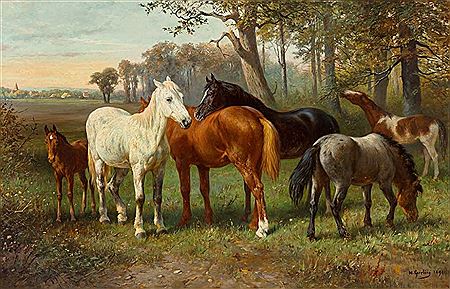 Heinrich Sperling : Six horses in summer landscape in the background a village church