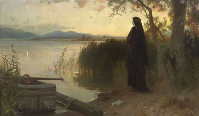 Karl Raupp : Abbess Irmengard at the shore of Lake Chiem at evening light