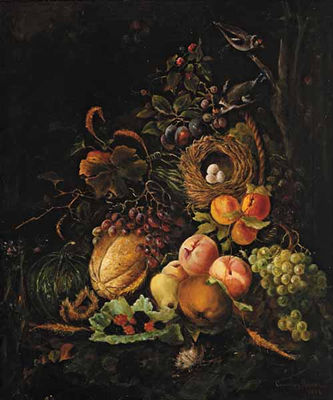 Cornelius Hankins : Still Life of Fruit, Bird's Nest and Birds