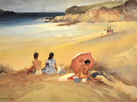 Francis Russell Flint : A Beach scene, with figures seated on the sand dunes