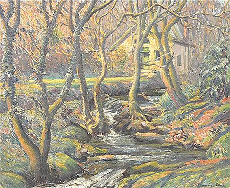 Elizabeth Lamorna Kerr : A wooded river landscape with the studio of Samual John Lamoma Birch in the distance