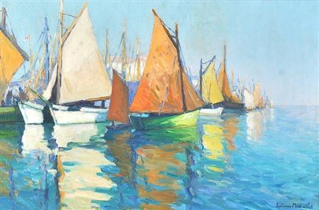 Paul Louis Mestrallet : A Mediterranean Harbour, with sailing boats