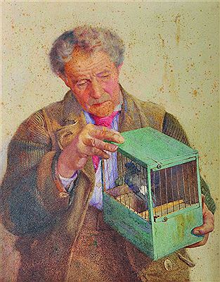 Percy Brooke : A Man looking at his pet Bird in a cage