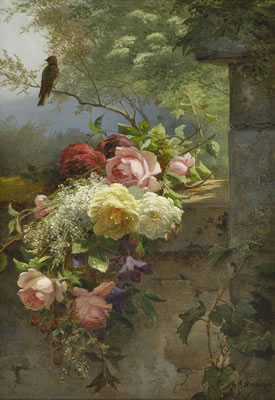 Marie Helene Strohmeyer : Blumenbouquet auf Gartenmauer.