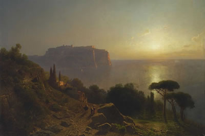 Johann Wilhelm Julius Kohnholz : Küste bei Monte Carlo im Morgenlicht.