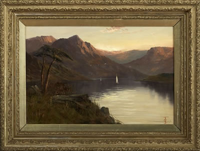 Joel Owen : Mountainous Landscape at Sunset with Sailboats on a Lake