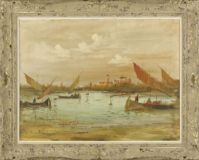 Lucio Cargnel : 'Coastal Scene with Docked Sailboats'