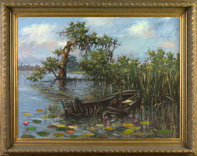 Don Wright : Bayou Landscape with Fishing Boat