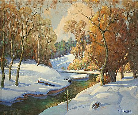 Cyrus James Fulton : Winter landscape with forest and creek.