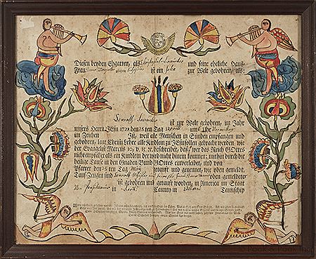 Georg Frederich Speyer : Berks County printed and hand colored fraktur birth certificate, dated 1772