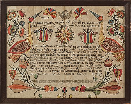 Georg Frederich Speyer : Berks County printed and hand colored fraktur birth certificate, dated 1775