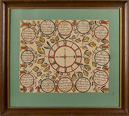 Conrad Trevits : Fraktur with a central clock face surrounded by tulip vines and circles with script