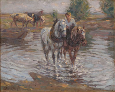 Anton Denzel : A farmer wading across the water on horseback with two oxen beyond