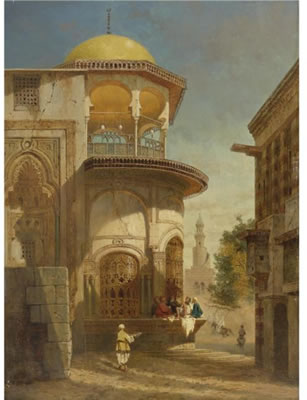 Adrien Dauzats : A STREET SCENE IN OLD CAIRO NEAR THE IBN TULUN MOSQUE