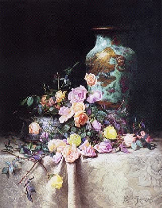 Milne Ramsey : Roses and an Oriental Vase on a Brocade