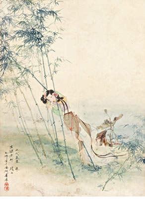 Yefo Hu : LADY LEANING AGAINST THE BAMBOO