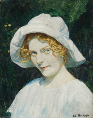 Eduard Kampffer : Mädchen mit weißem Hut. Um 1900.